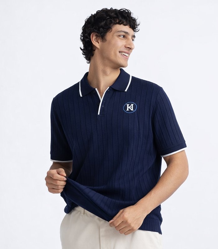 Textured Knit Polo T-Shirt – Midnight Navy - Image 3