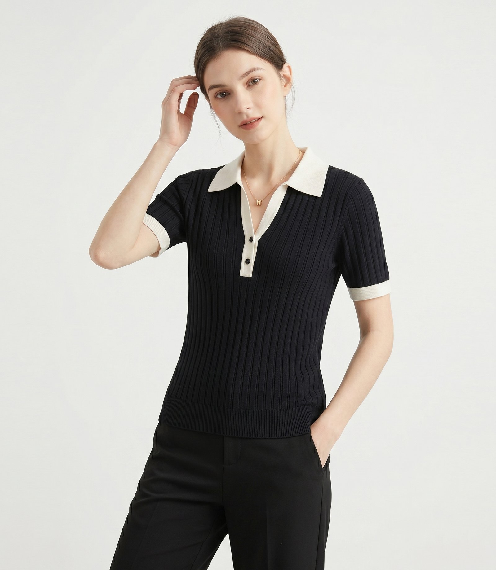 Ribbed Knit Polo Top – Midnight Black - Image 3