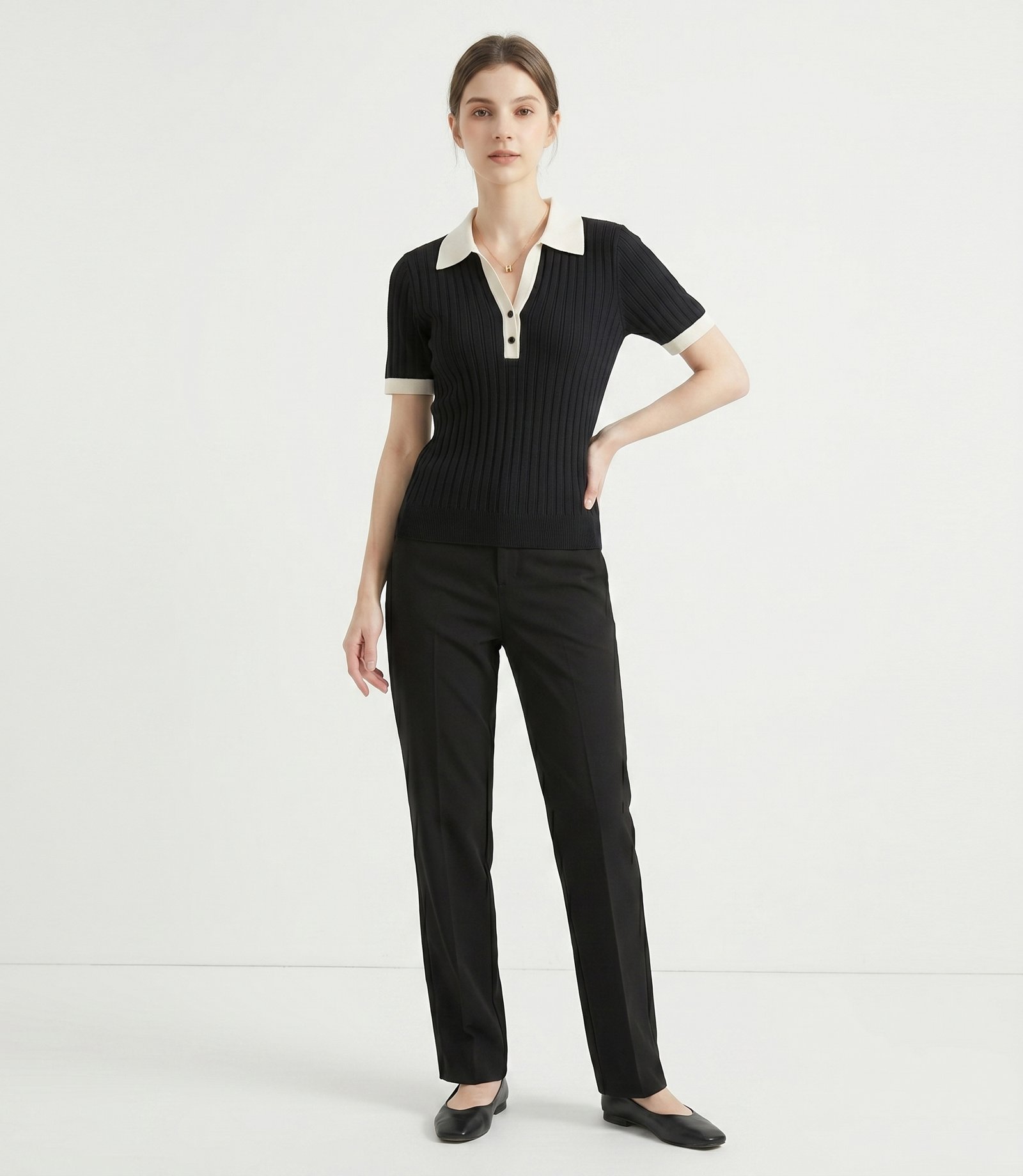 Ribbed Knit Polo Top – Midnight Black - Image 2