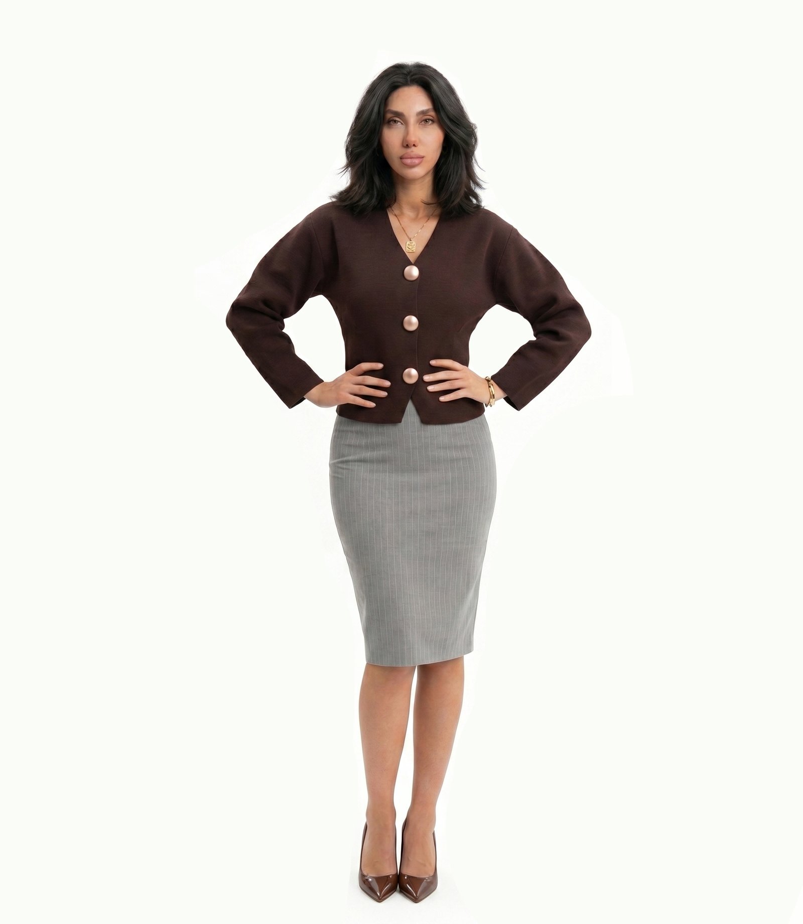 Structured Knit Button Jacket – Cocoa Brown - Image 3