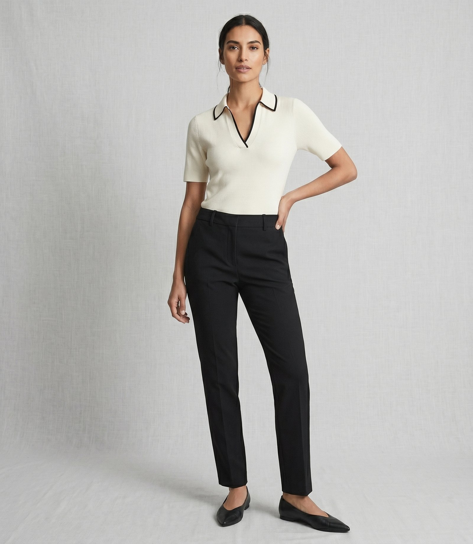 Contrast Trim Knit Polo Top – Ivory - Image 4