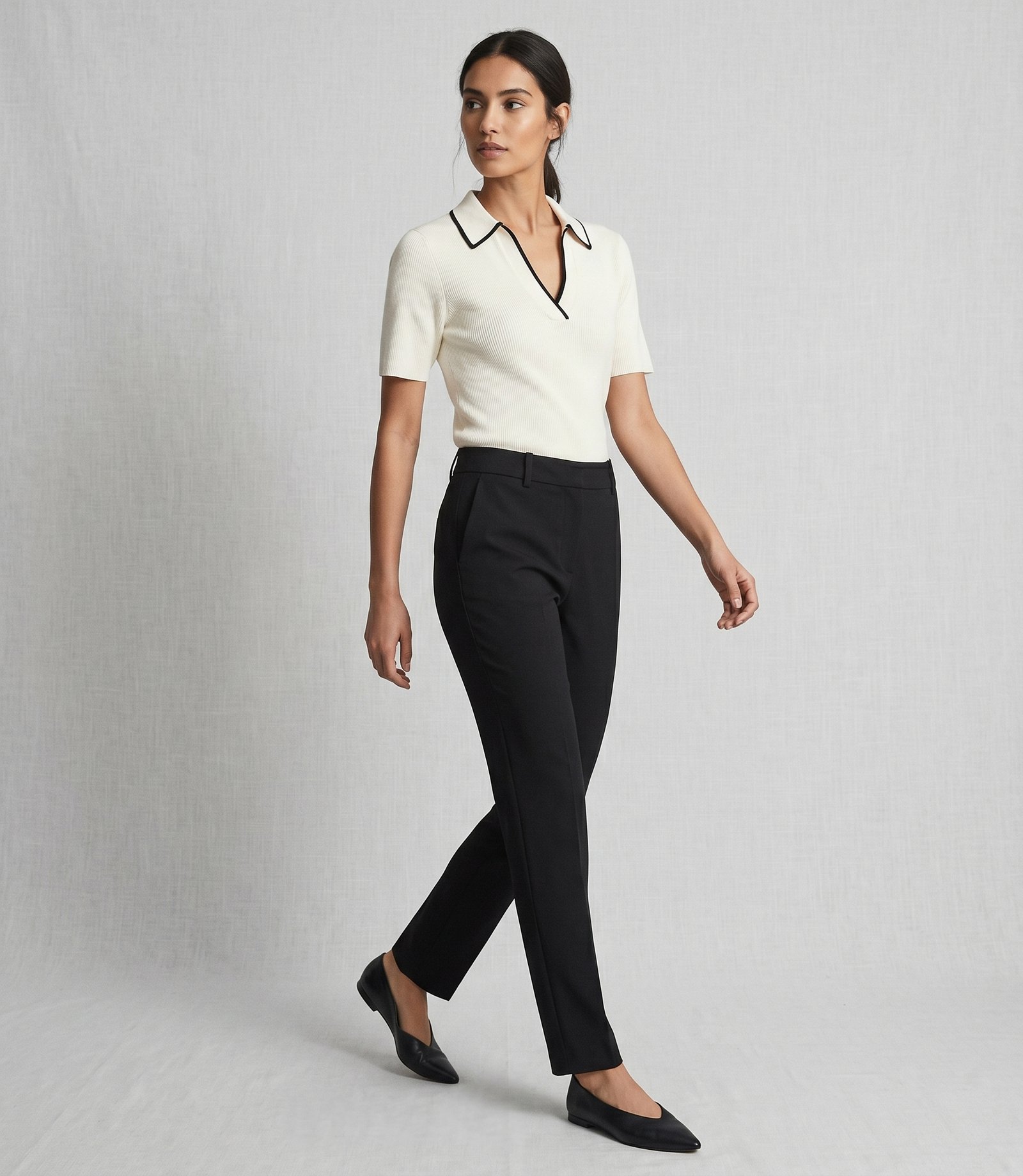 Contrast Trim Knit Polo Top – Ivory - Image 2